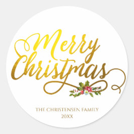 Gouden vrolijk kerstfeest rode hulst ronde sticker