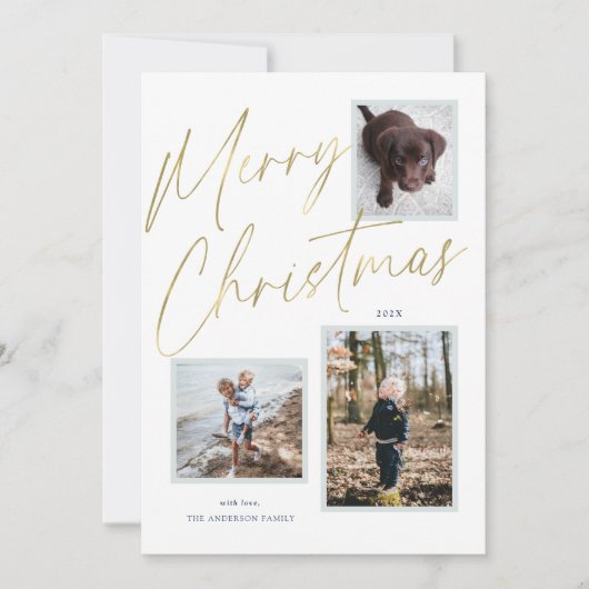 Gouden vrolijk kerstfeest script 3 foto kerstkaart (Voorkant)