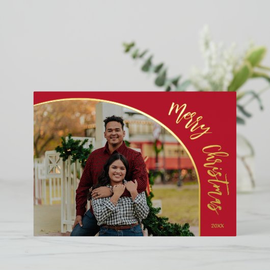 Gouden vrolijk kerstfeest script folie feestdagenkaart (Staand Voorkant)