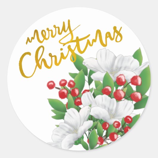 Gouden Vrolijk Kerstmis Wit Rood Groen Bloemen Ronde Sticker (Voorkant)