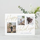 Gouden vrolijke feestdagen Script 3 Foto Kerstkaar Feestdagenkaart (Staand voorkant)