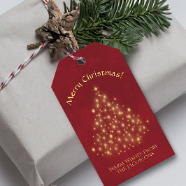 Gouden Vrolijke Kerstboom Lights op Crimson Red Cadeaulabel