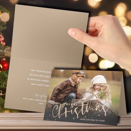 Gouden Vrolijke Kerstmis Gevouwen Foto Feestdagen Kaart