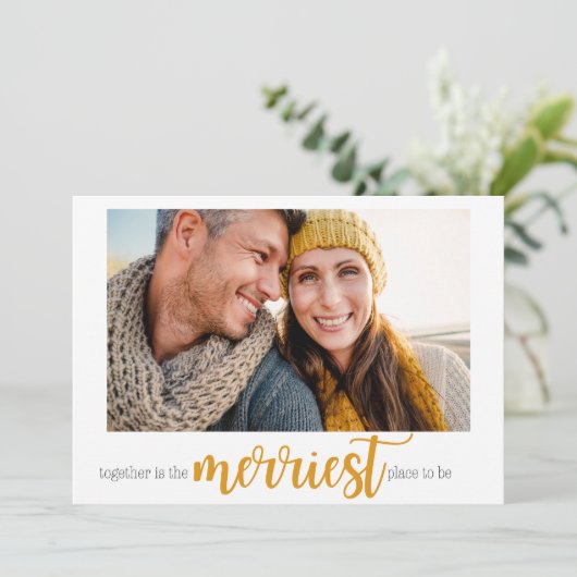 Gouden vrolijkste plek om kerstfotokaart te zijn feestdagenkaart (Staand voorkant)