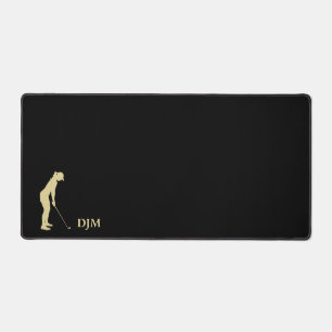 Gouden Vrouw Golfer Silhouet Monogram op Zwart Bureaumat