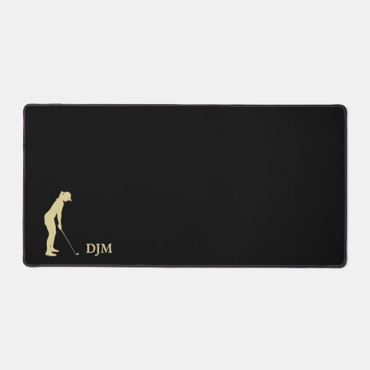 Gouden Vrouw Golfer Silhouet Monogram op Zwart Bureaumat (Voorkant)