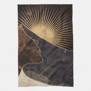 Gouden Vrouw Illusie met Zon en Marmer Texturen Theedoek