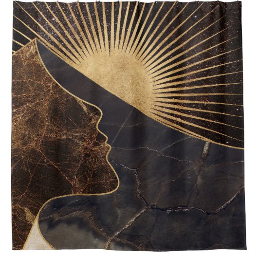 Gouden Vrouw Illusie met Zon en Marmeren Texturen Douchegordijn (Voorkant)