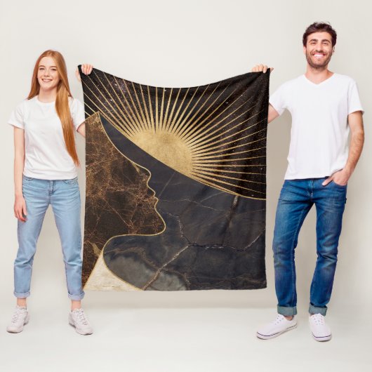 Gouden Vrouw Illusie met Zon en Marmeren Texturen Fleece Deken (In situ)