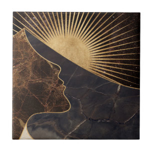 Gouden Vrouw Illusie met Zon en Marmeren Texturen Tegeltje