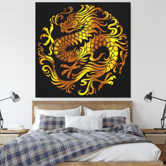 Gouden Vuur: De gravure van een draak Canvas Afdruk (Insitu (Slaapkamer))