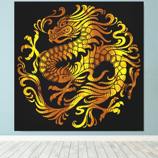 Gouden Vuur: De gravure van een draak Canvas Afdruk (Insitu (Houten vloer))