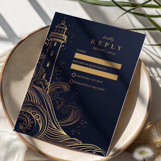 Gouden Vuurtoren Nacht Bruiloft RSVP Kaartje