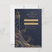 Gouden Vuurtoren Nacht Bruiloft RSVP Kaartje (Voorkant)