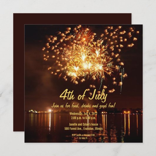 gouden vuurwerk, 4e juli, uitnodiging (Voorkant / Achterkant)