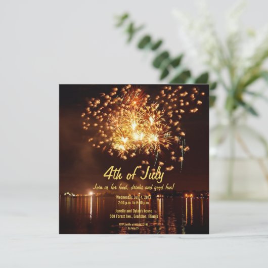 gouden vuurwerk, 4e juli, uitnodiging (Staand voorkant)