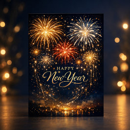Gouden Vuurwerk Nachtelijke Hemel Nieuwjaar Feestdagen Kaart