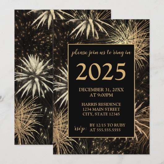 Gouden Vuurwerk Nieuwjaar Eva Party Uitnodiging (Voorkant / Achterkant)