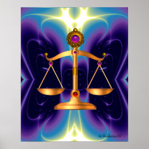 GOUDEN WAAAGSCHALEN VAN DE WET MET EDELE STENEN ,S POSTER