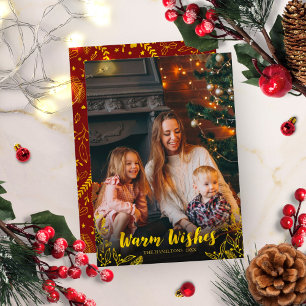 Gouden warme wensen Winterbladeren Foto Kerstmis Kaart