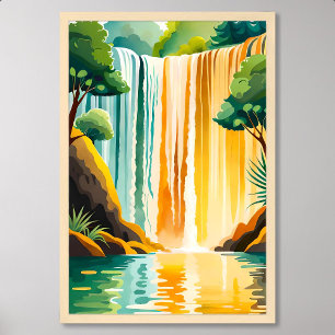 Gouden waterval schilderij met rotsachtige omgevin poster