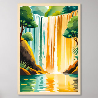 Gouden waterval schilderij met rotsachtige omgevin poster