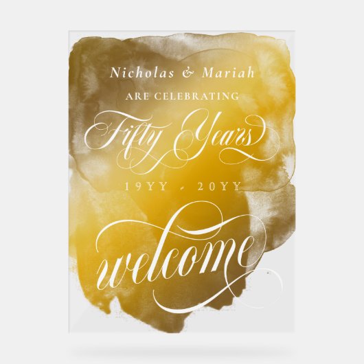 Gouden Waterverf 50e bruiloft Jubileum Welkom Acryl Bord (Voorkant)