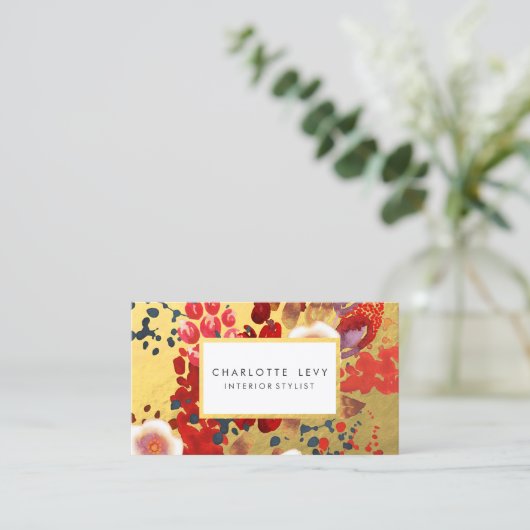Gouden Waterverf Abstracte Floral Art Stylist Visitekaartje (Staand voorkant)