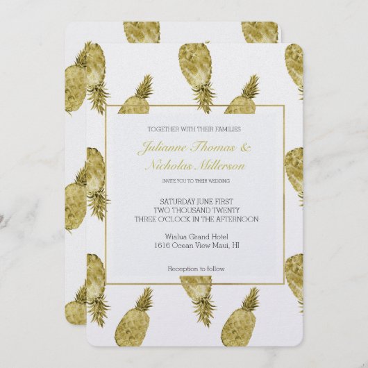 Gouden Waterverf Ananas Bruiloft Kaart (Voorkant / Achterkant)