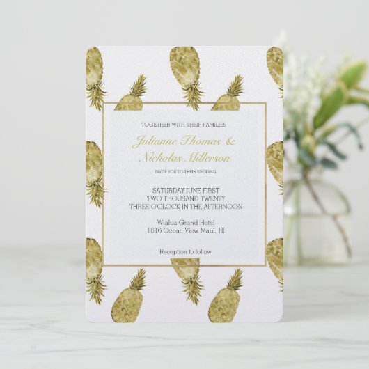 Gouden Waterverf Ananas Bruiloft Kaart (Staand voorkant)