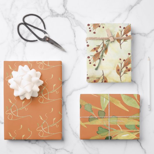 Gouden Waterverf bladeren en bessen geassorteerd Inpakpapier Vel (Voorkant)