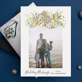 Gouden Waterverf  Bloemen Kerstmis Foto Folie Feestdagenkaart