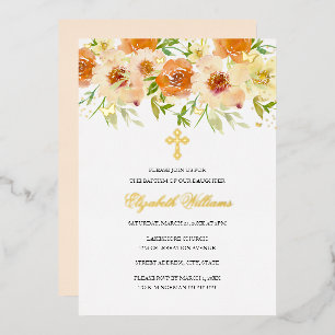 Gouden Waterverf Bloemen Meisje Doop Folie Uitnodiging
