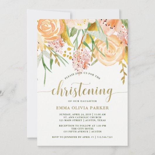 Gouden Waterverf Bloemen op Wit | doop Kaart (Voorkant)