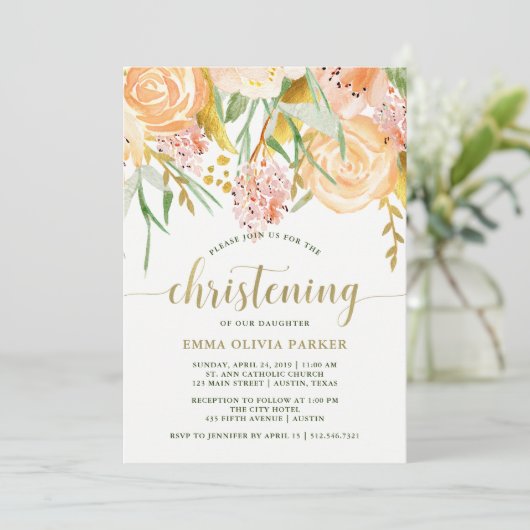 Gouden Waterverf Bloemen op Wit | doop Kaart (Staand voorkant)