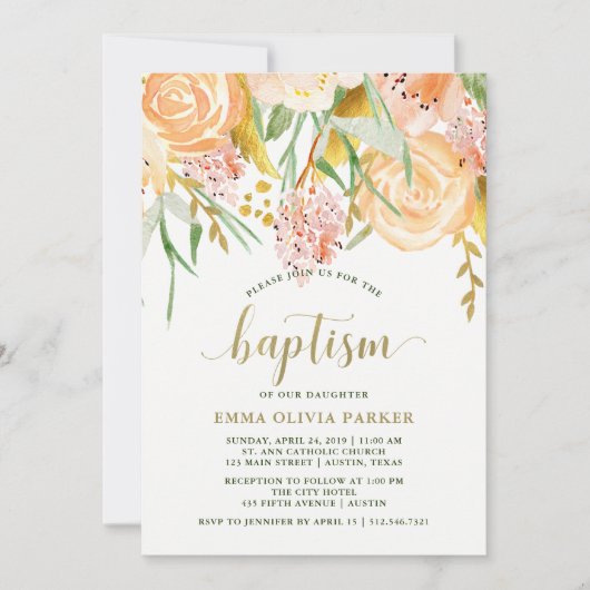 Gouden Waterverf Bloemen op Wit | doop Kaart (Voorkant)