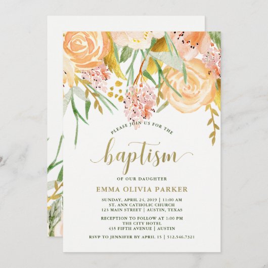 Gouden Waterverf Bloemen op Wit | doop Kaart (Voorkant / Achterkant)