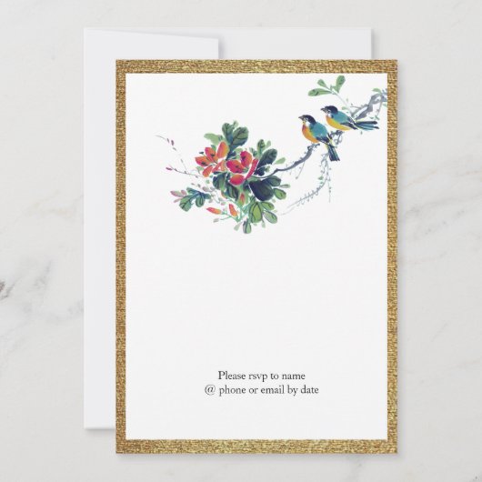 Gouden Waterverf Bloemvogel Chinees XI bruiloft Kaart (Achterkant)