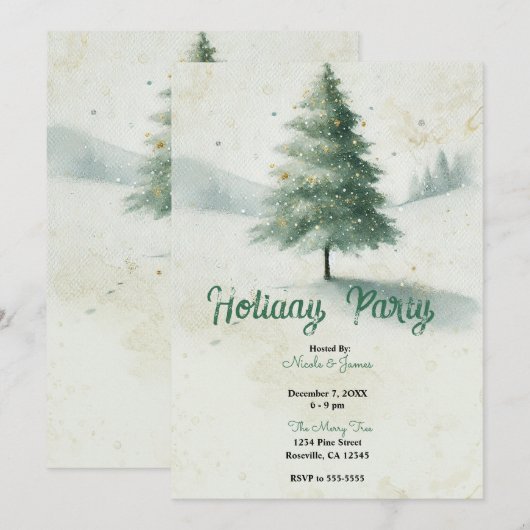  Gouden Waterverf Christmas Pine Tree Party Kaart (Voorkant / Achterkant)