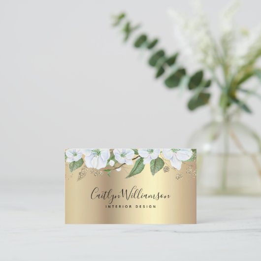 Gouden Waterverf Floral Stijlvol Zwart Script Mode Visitekaartje (Staand voorkant)