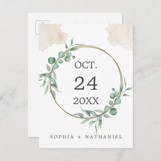 Gouden Waterverf Greenery Save the Date Briefkaart (Voorkant / Achterkant)