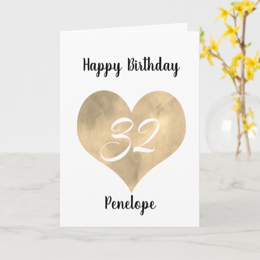 Gouden Waterverf Hart 32e Verjaardag Kaart (Gele Bloem)