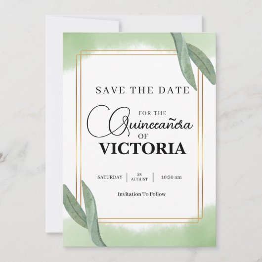 gouden Waterverf Sage groene vlinder Quinceanera Save The Date (Voorkant)