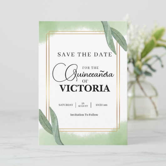 gouden Waterverf Sage groene vlinder Quinceanera Save The Date (Staand voorkant)