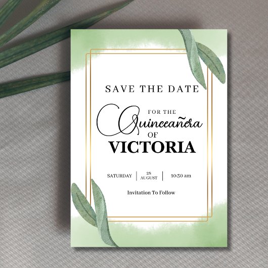 gouden Waterverf Sage groene vlinder Quinceanera Save The Date