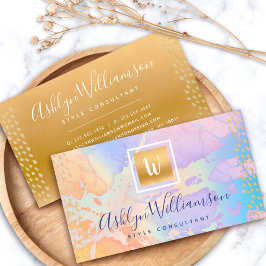 Gouden waterverf turquoise oranje paarse monogram visitekaartje