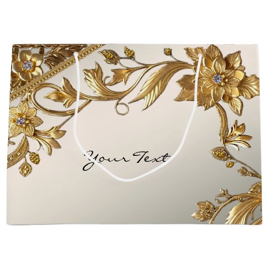 Gouden Wavy Bladeren Bloemen Geschenktas Groot Cadeauzakje (Voorkant)
