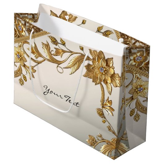Gouden Wavy Bladeren Bloemen Geschenktas Groot Cadeauzakje (Voorkant Gekanteld)