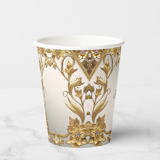 Gouden Wavy Bladeren Bloemen Papieren Kopjes Papieren Bekers (Voorkant)