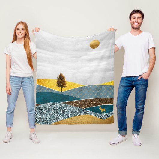 Gouden weide met bomen en herten fleece deken (In situ)